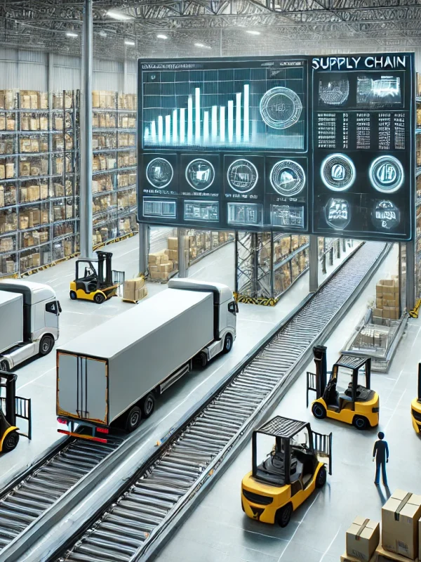 DALL·E 2025-03-22 14.56.08 - A modern logistics and supply chain warehouse with automated systems, conveyor belts, forklifts, and neatly organized shelves with goods. Trucks being
